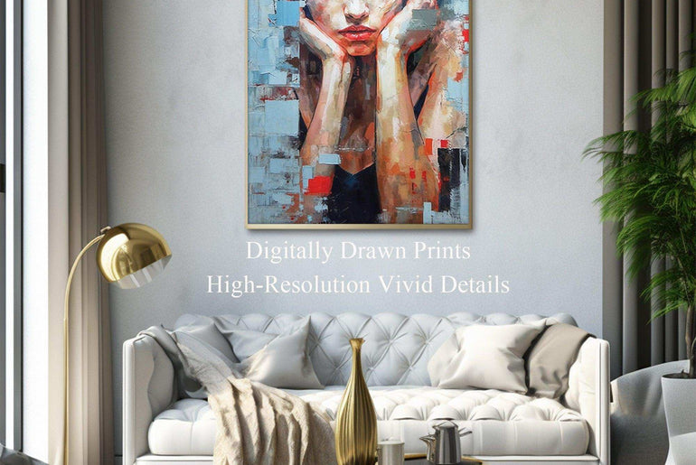 Woman Portrait，Hand Painted Colorful Decorative Canvas Artwork，Moody Wall Decor，Cotton Gloss Canvas Living Room Decor，High-Quality Waterproof Decorative Canvas Art