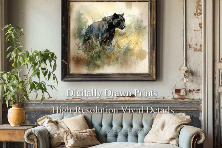 A Black Panther Prowl - Vintage Watercolor Wall Art Print - Handcrafted Home Decor with Digital Download Option