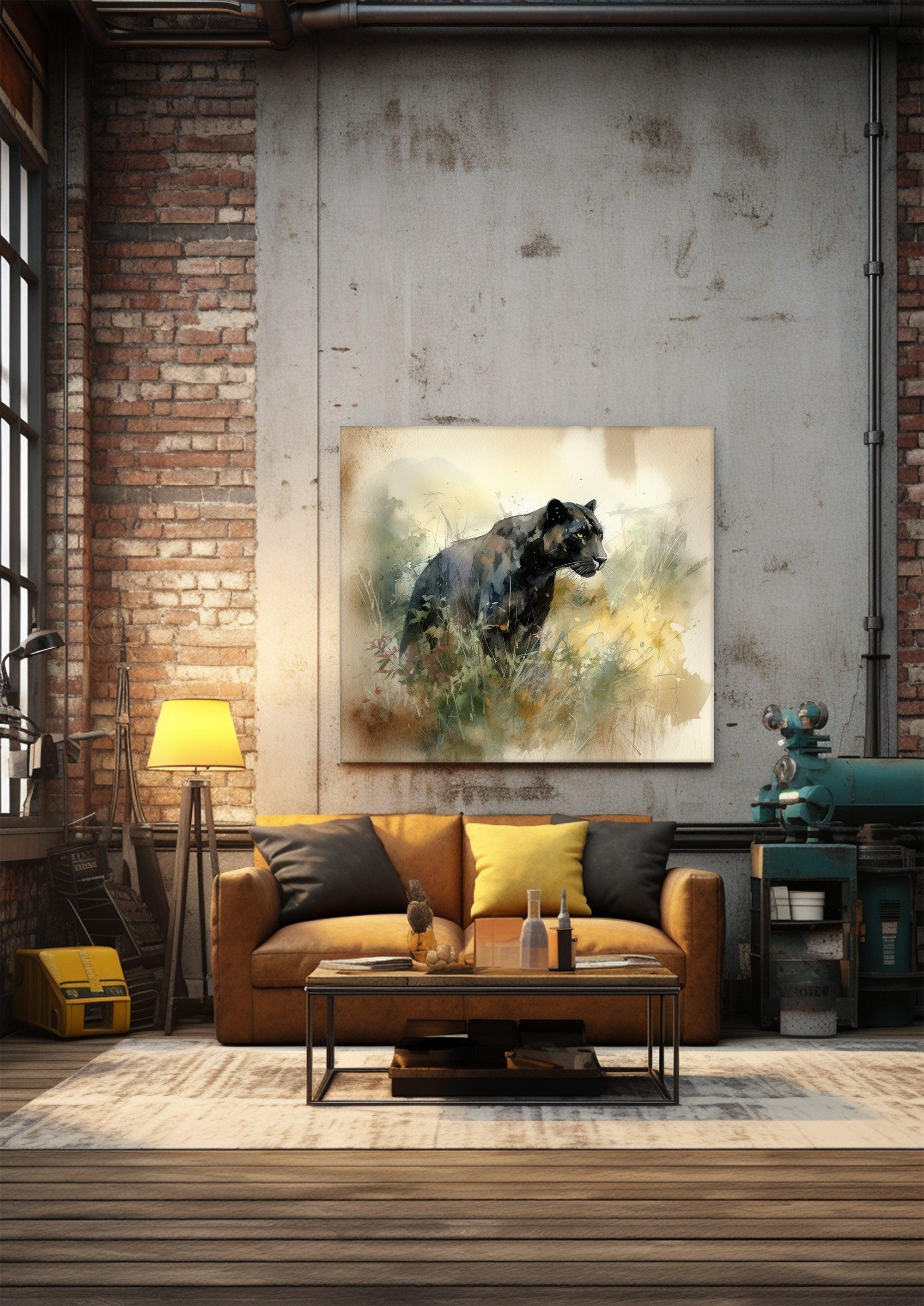 A Black Panther Prowl - Vintage Watercolor Wall Art Print - Handcrafted Home Decor with Digital Download Option