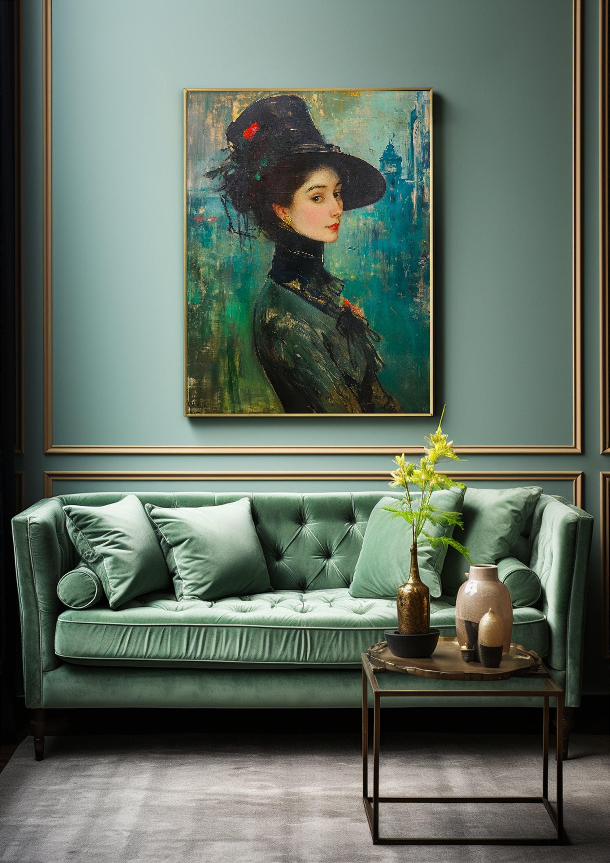 Woman Protrait，Hand Painted Colorful Decorative Canvas Artwork，Moody Wall Decor，Cotton Gloss Canvas Living Room Decor，High-Quality Waterproof Decorative Canvas Art