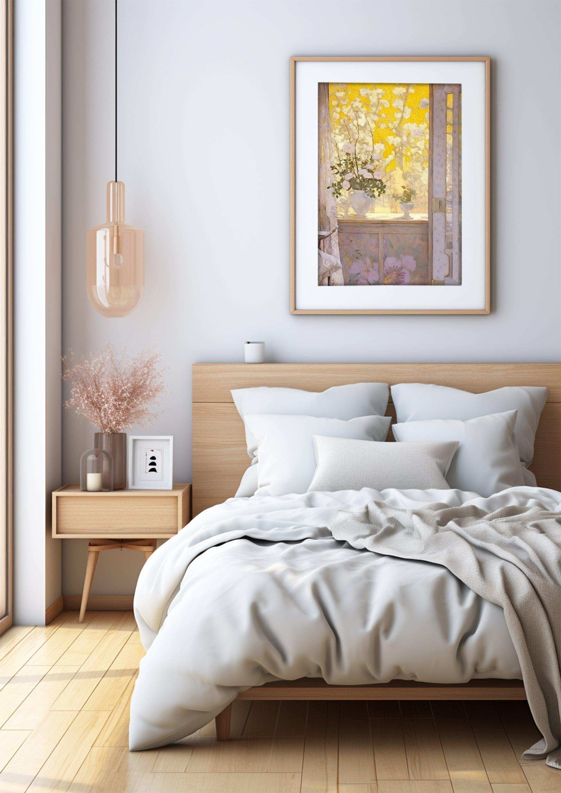 a hotel room with two beds and a painting on the wall 