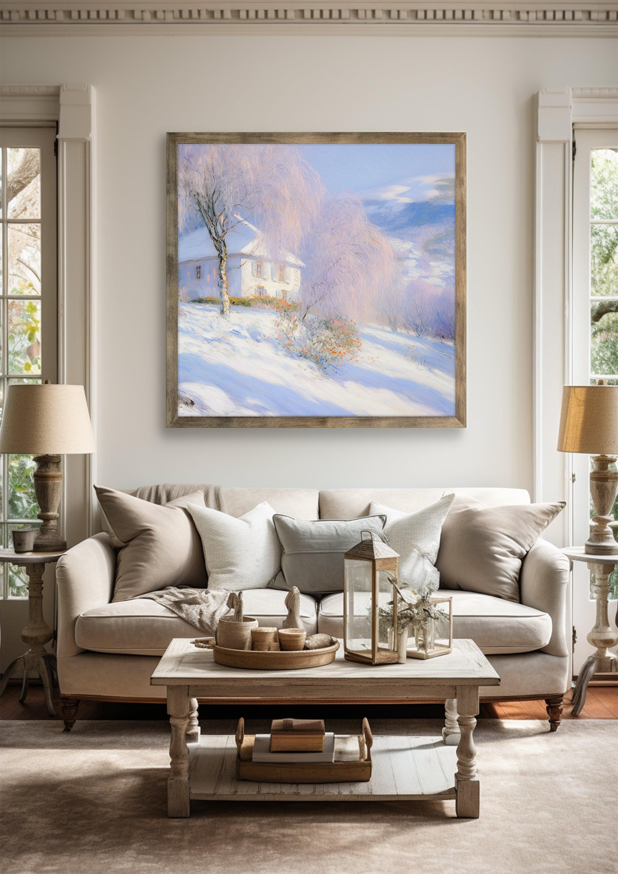 Impressionist Landscape，Hand Painted Colorful Decorative Canvas Artwork，Moody Wall Decor，Cotton Gloss Canvas Living Room Decor，Snow Scene，High-Quality Waterproof Decorative Canvas Art