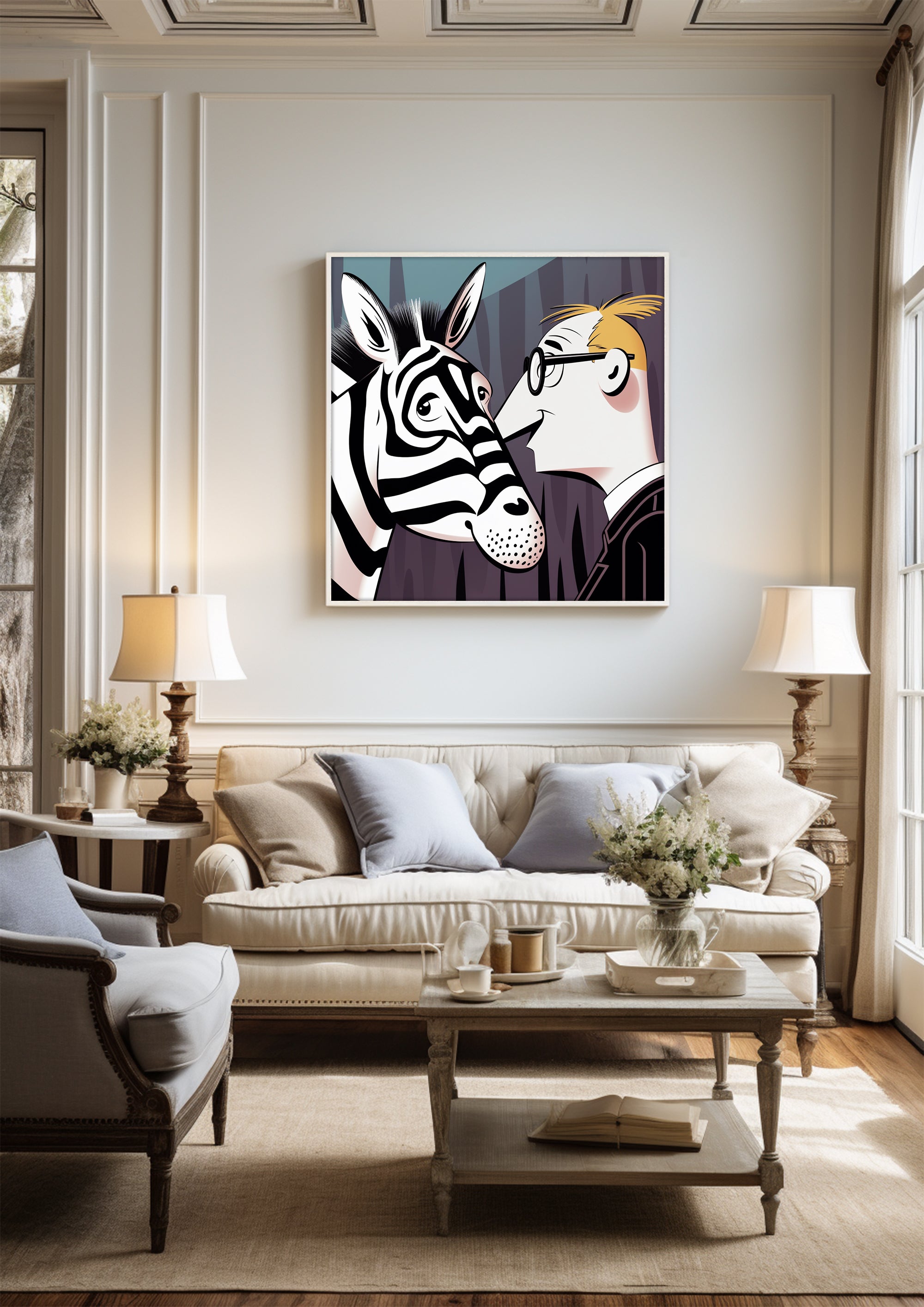 Cartoon Style Zebra with Men Painting| Wall Art Decor |Wall Art Print |Kids Wall Art，Comic Book Art，Art Deco Wall Gifts|Bedroom,kids' room|PRINTABLE Art |Digital Download