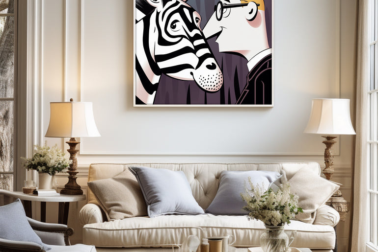 Cartoon Style Zebra with Men Painting| Wall Art Decor |Wall Art Print |Kids Wall Art，Comic Book Art，Art Deco Wall Gifts|Bedroom,kids' room|PRINTABLE Art |Digital Download