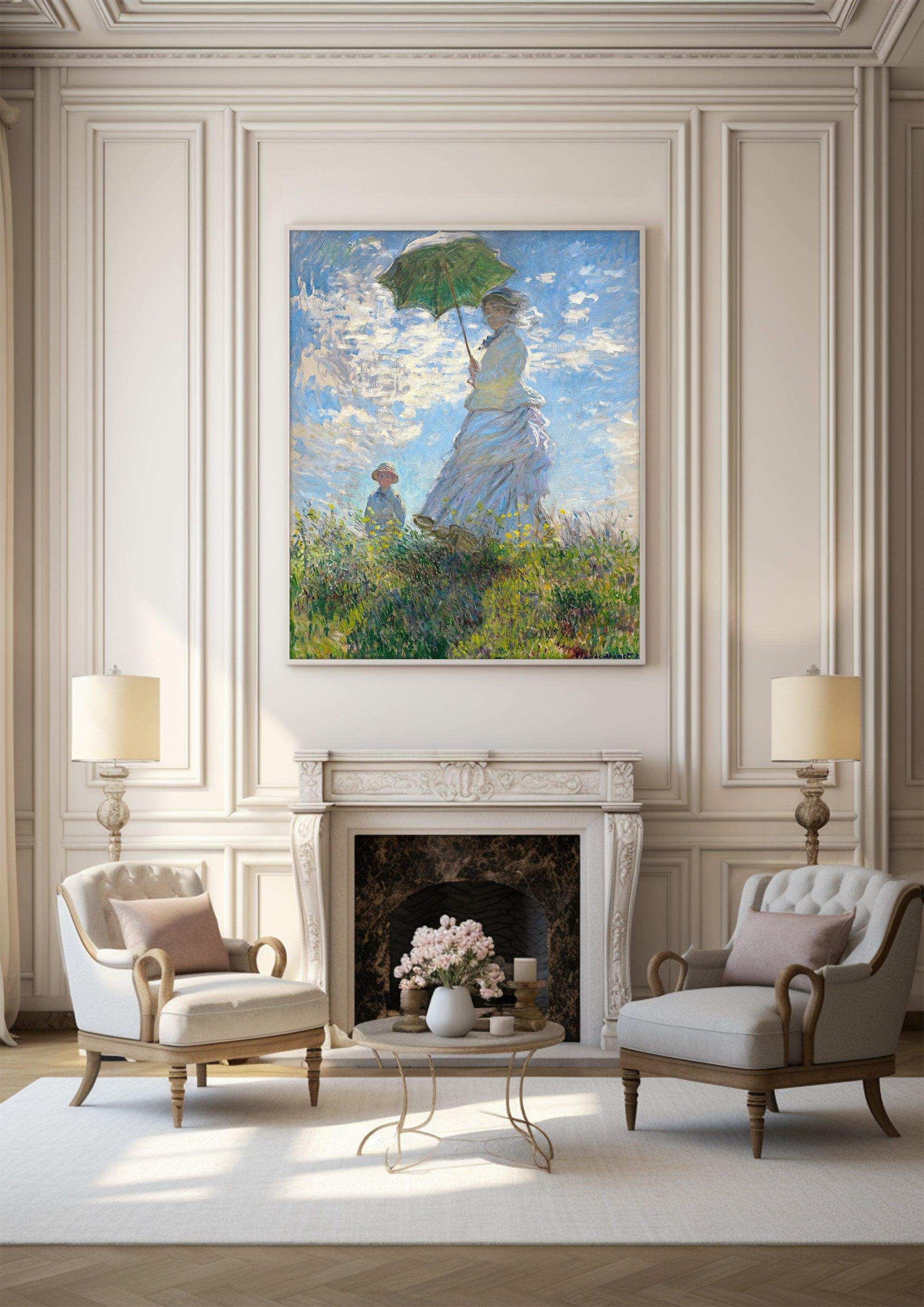 Woman with Umbrella， Famous Painting Print，Claude Monet，Moody Wall Decor，High-Quality Waterproof Decorative Canvas Art，Hotel Aisle Living Room Home DecorArt