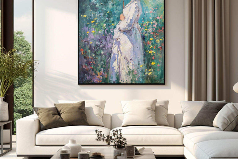 Impressionist Woman，Hand Painted Colorful Decorative Canvas Artwork，Moody Wall Decor，Cotton Gloss Canvas Living Room Decor，High-Quality Waterproof Decorative Canvas Art