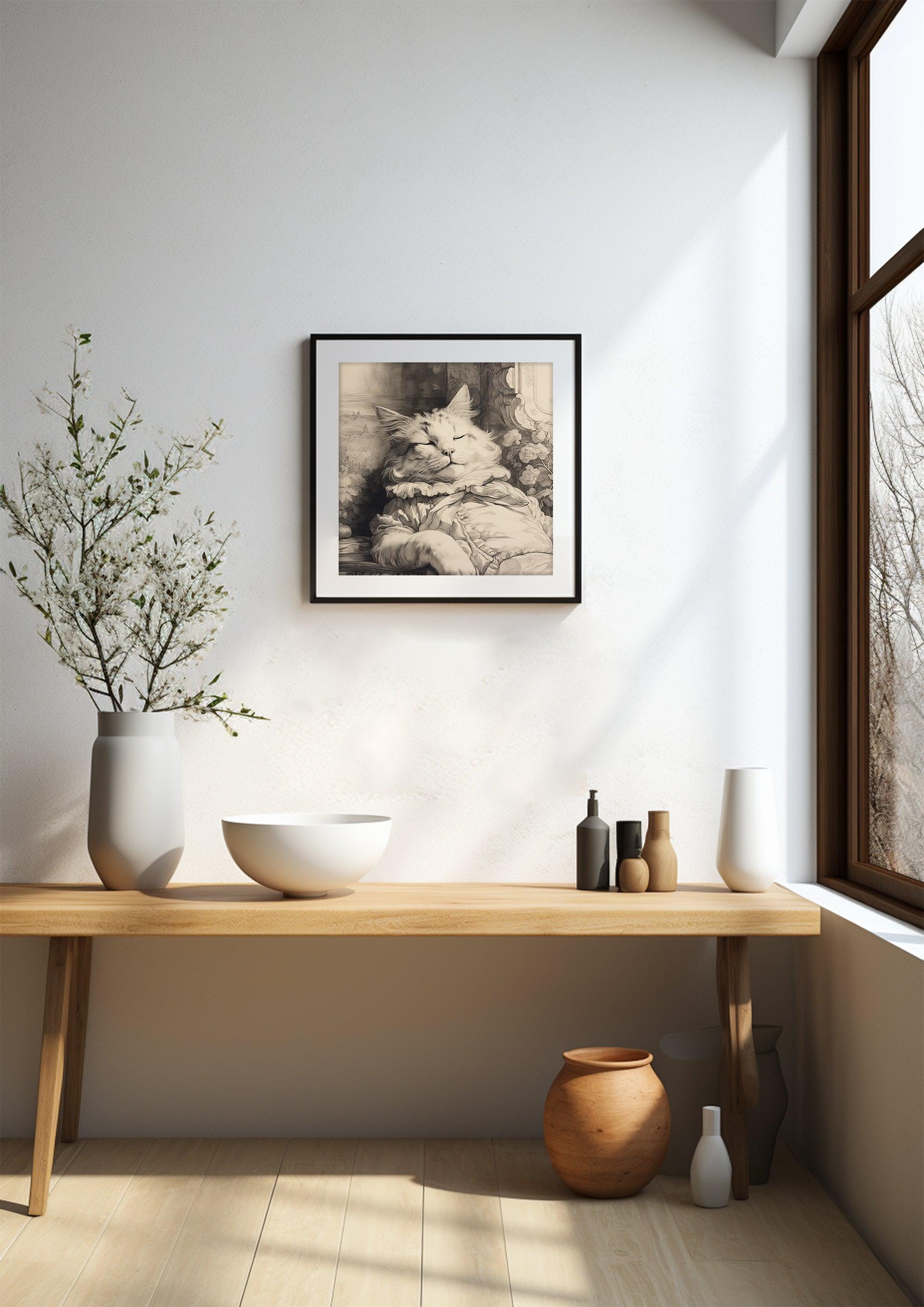 Tranquil Slumber - Vintage Cat Sketch - Serene Feline Wall Art Print - Art Deco-Inspired Digital Download