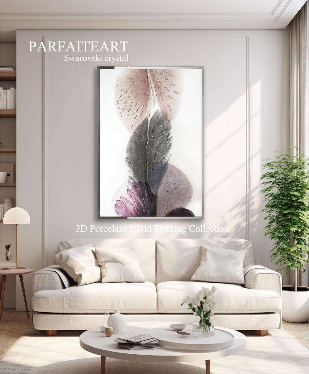 Ethereal Blossoms - 3D Diamond Art Nouveau - Handcrafted Botanical Painting with Swarovski Crystal - Modern Art Deco Elegance for Living Room Walls