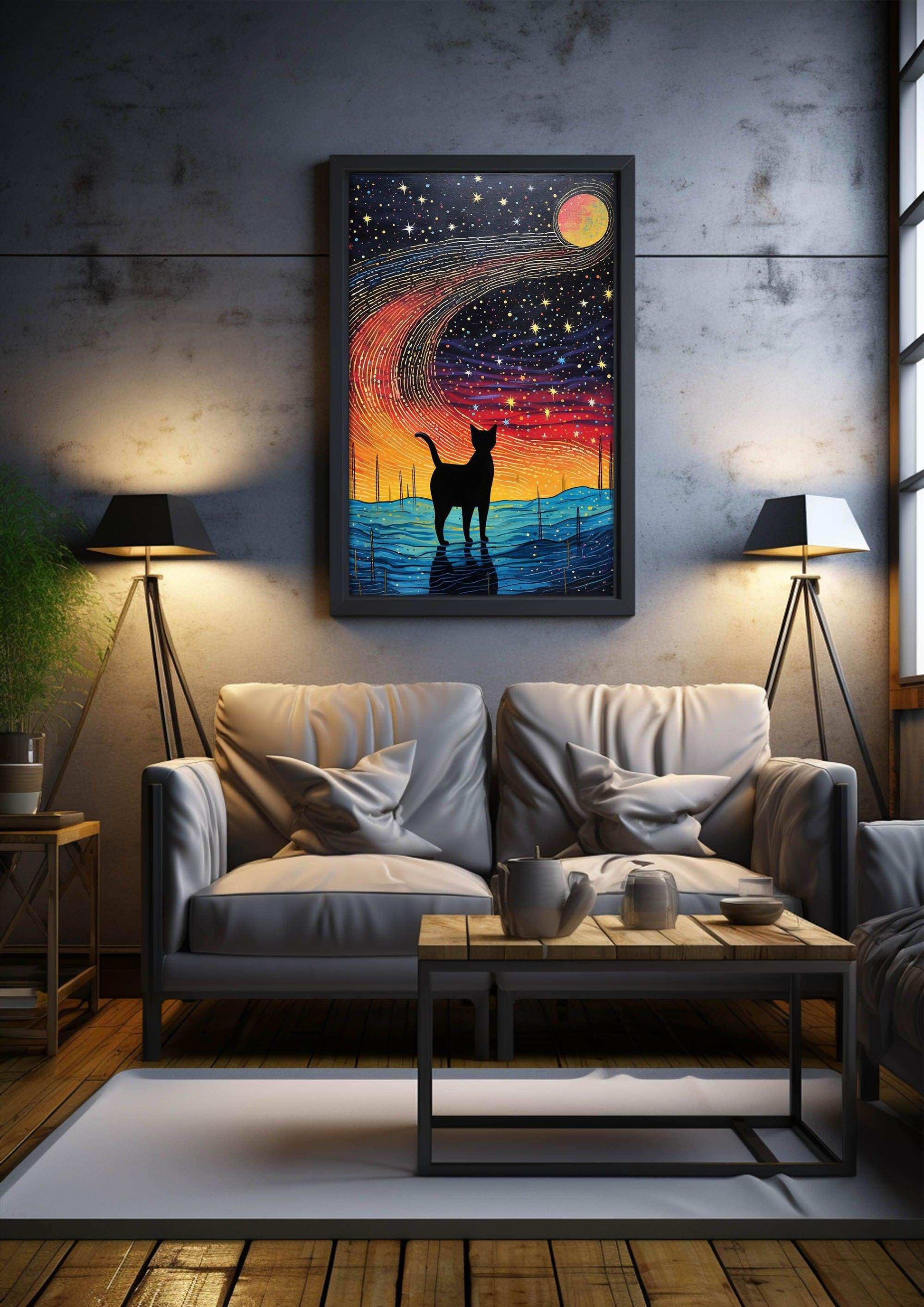 Cat Illustration | Starry Sky Wall Art Decor |Wall Art Print |Van Gogh style|Bedroom Livingroom,Kidsroom|PRINTABLE Art |Digital Download