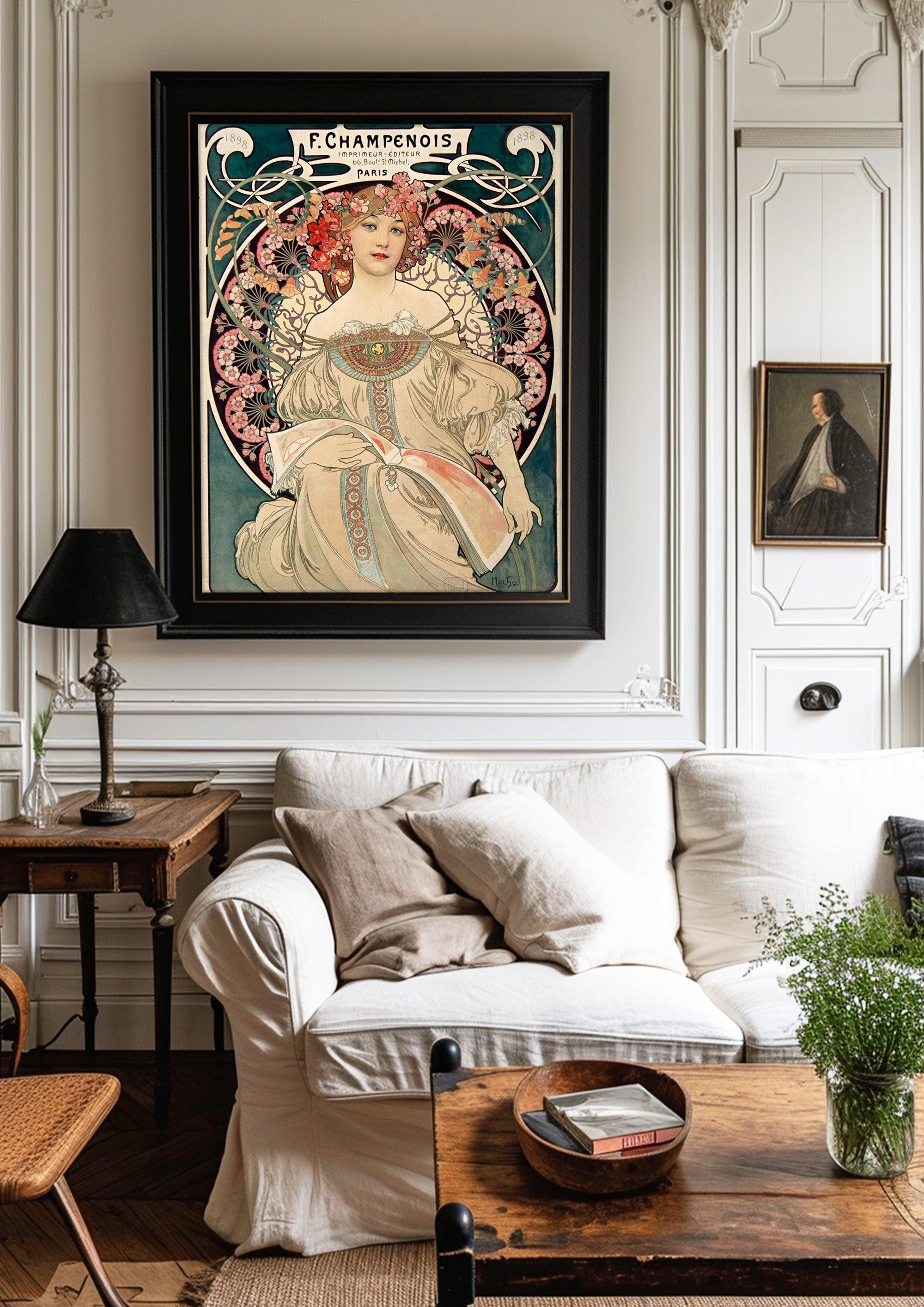 Framed fine art prints,Vintage Wall Art Print,Moody Wall Decor,Large art prints for walls,Mucha artwork,High-Quality Professional Giclee technique