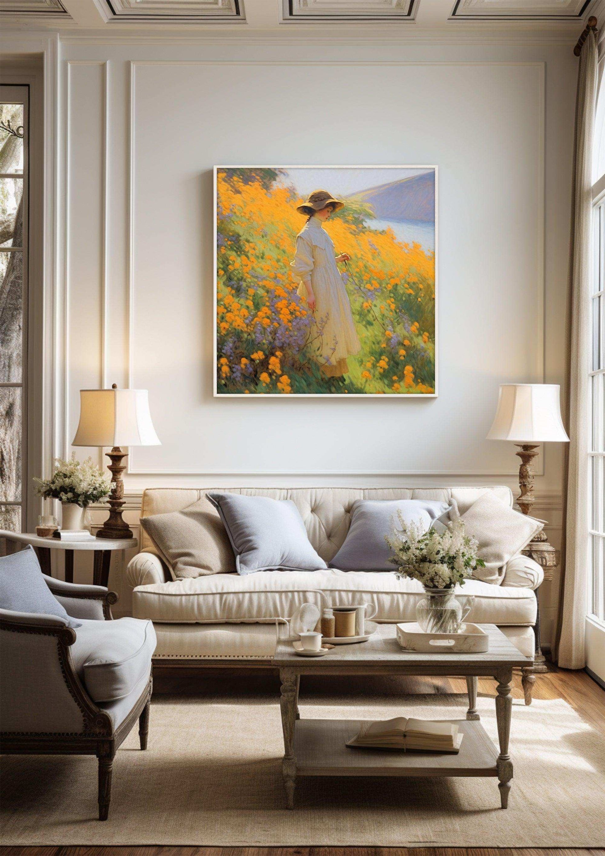 Vision of Serenity: Impressionist Girl Amidst Landscape - Vivid Canvas Art for Tranquil Living Spaces