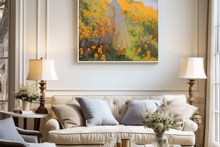 Vision of Serenity: Impressionist Girl Amidst Landscape - Vivid Canvas Art for Tranquil Living Spaces