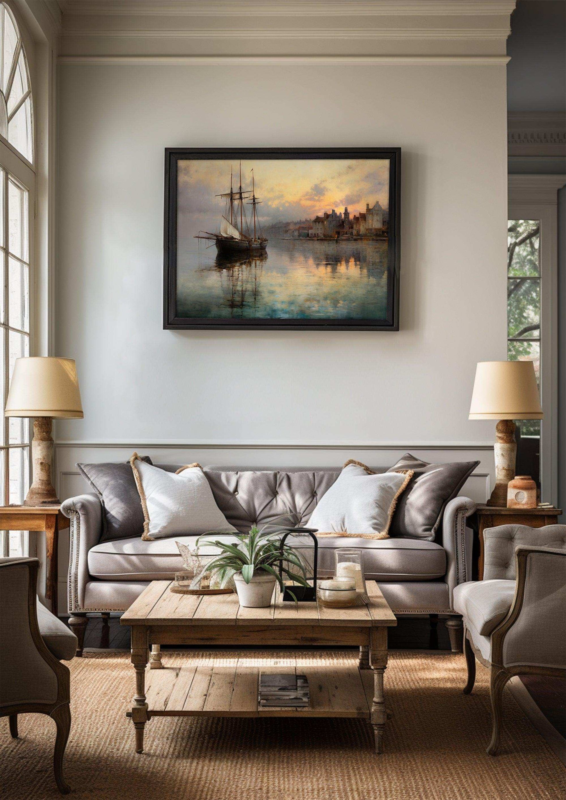 Harbor Sunset Landscape| Vintage Wall Art Decor|Decorative painting| Wall Art Canvas Print |Living Room, Dining Room|PRINTABLE Art |Digital Download