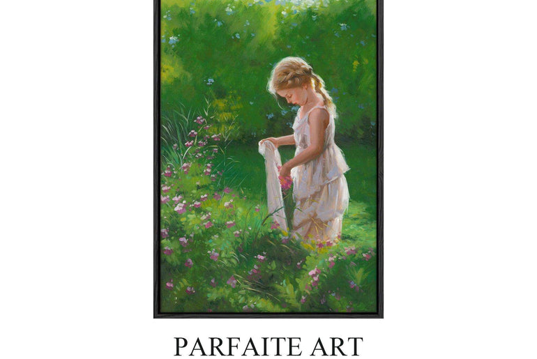 Realism Paintings, Little Girls with Flowers,Framed Canvas Prints #122 black Frame