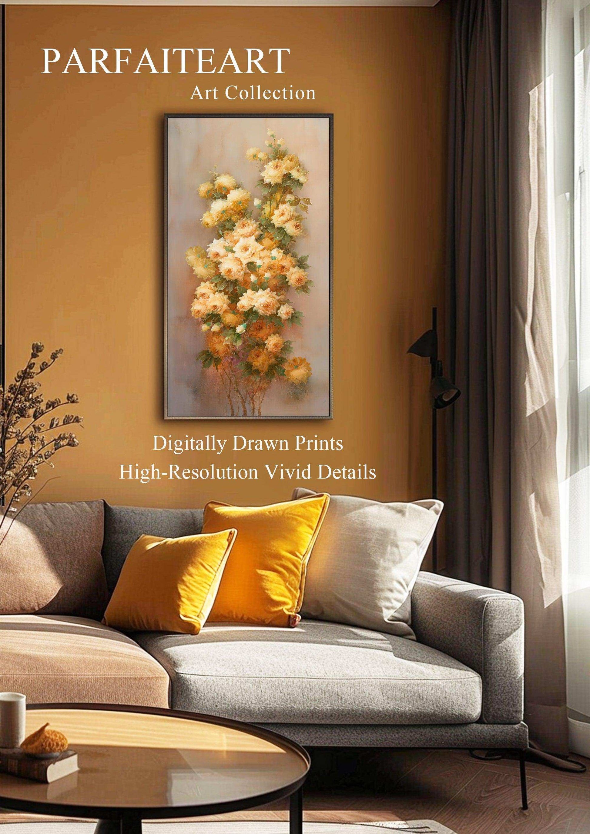 Realist Wall Art Prints of Blooming Yellow Roses on Printable Canvas #118