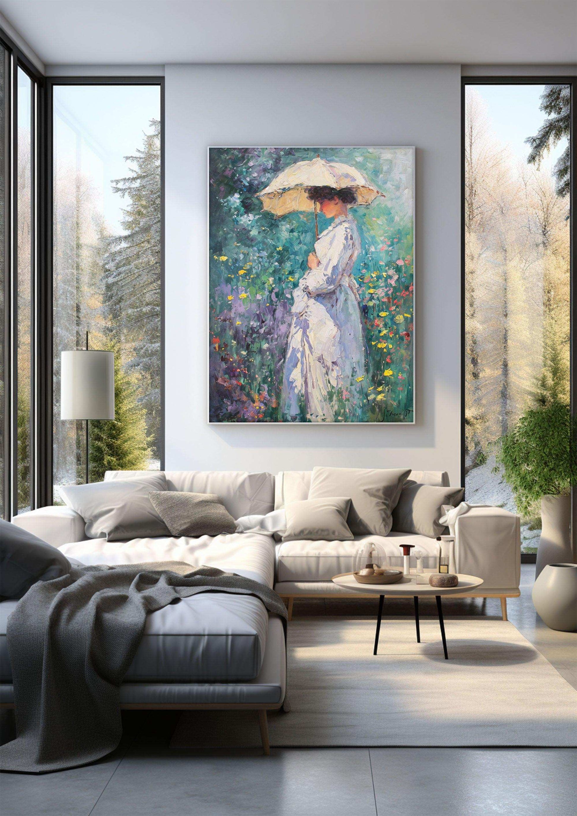 Impressionist Woman，Hand Painted Colorful Decorative Canvas Artwork，Moody Wall Decor，Cotton Gloss Canvas Living Room Decor，High-Quality Waterproof Decorative Canvas Art