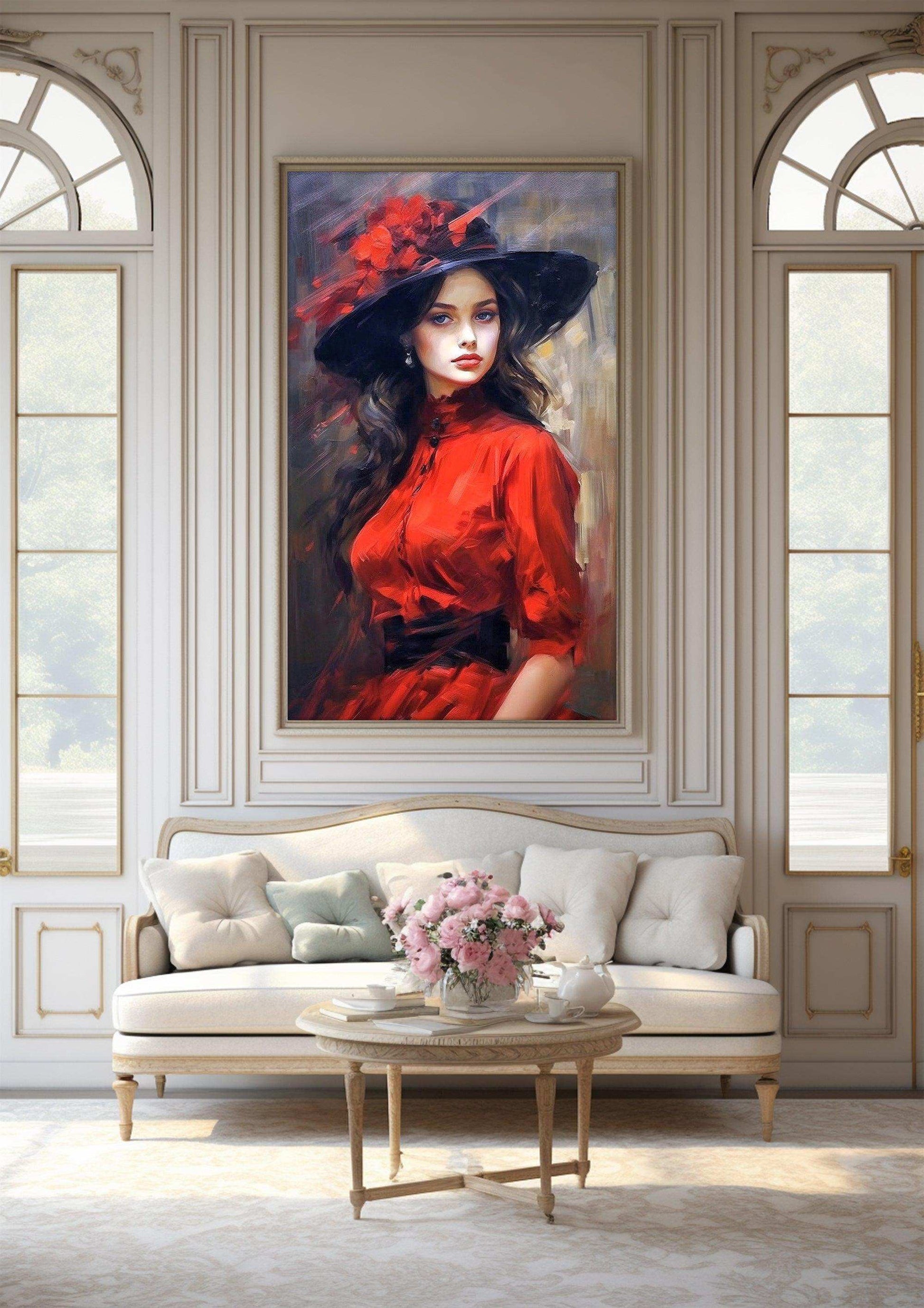 Hand-Painted Beauty Woman Portrait Printable - Colorful and Moody Canvas Art for Living Room Elegance