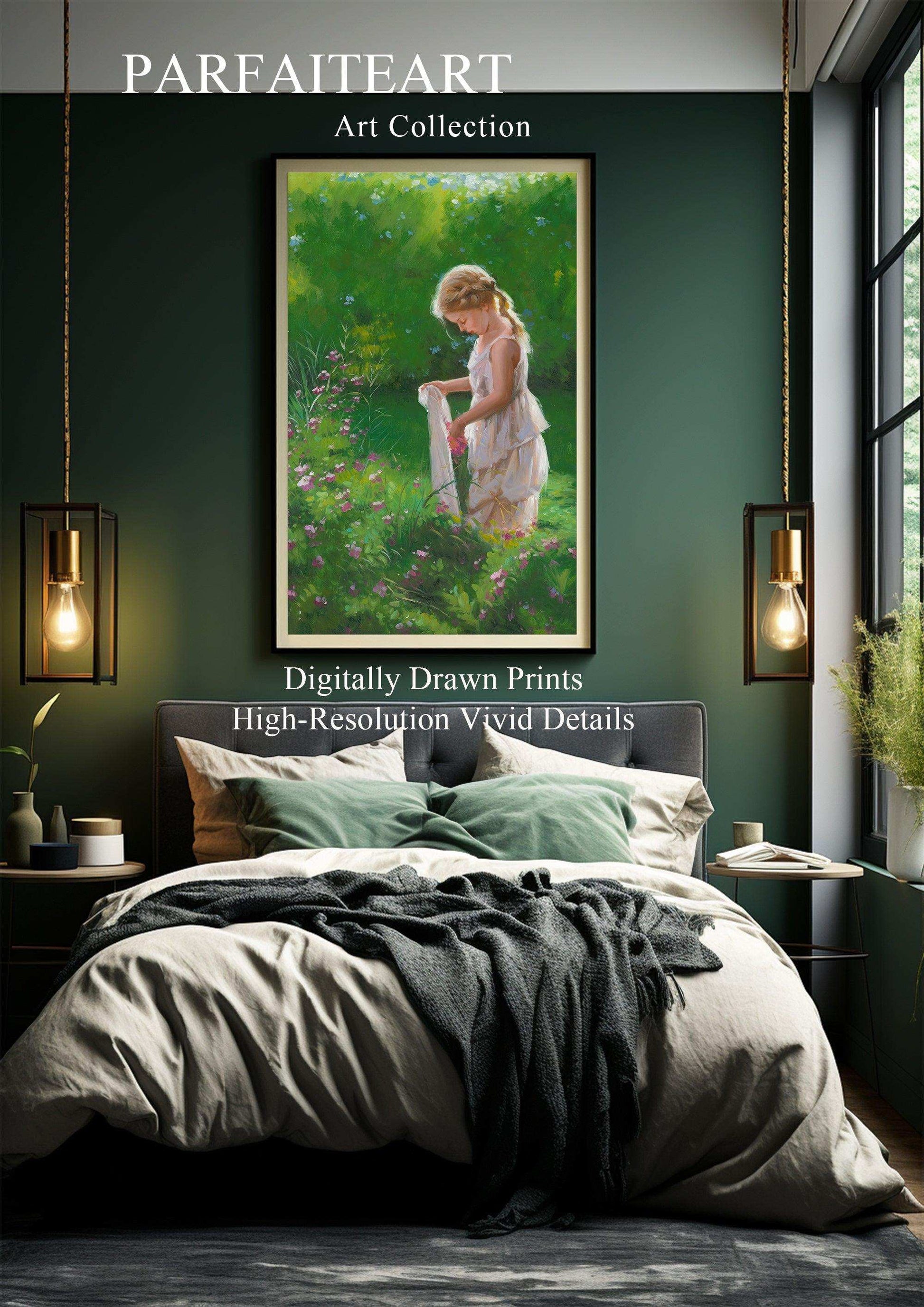 Realism Paintings, Little Girls with Flowers,Framed Canvas Prints #122