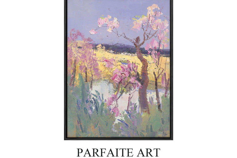 Landscapes,Impressionist,Abstract Art,Framed Canvas Print #119 black Frame