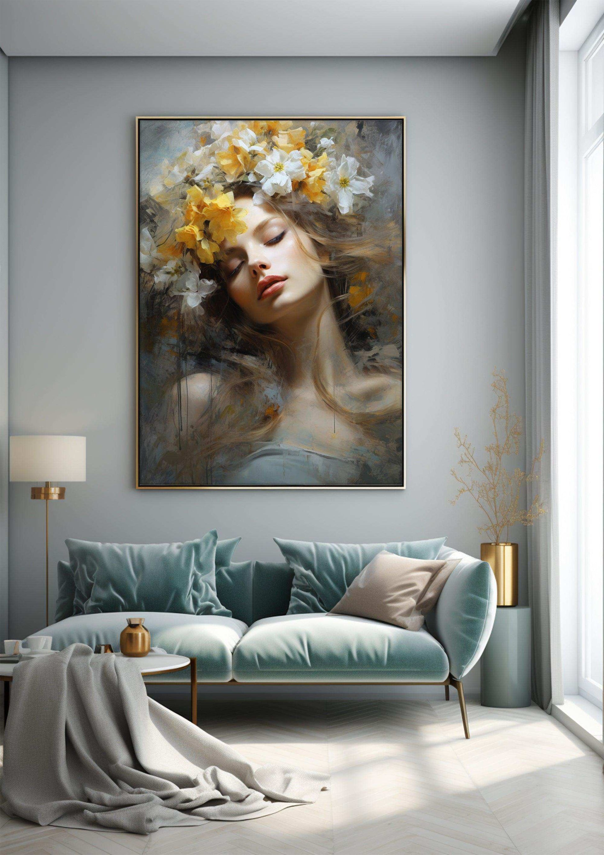 Beauty Woman Portrait，Hand Painted Colorful Decorative Canvas Artwork，Moody Wall Decor，Cotton Gloss Canvas Living Room Decor，High-Quality Waterproof Decorative Canvas Art