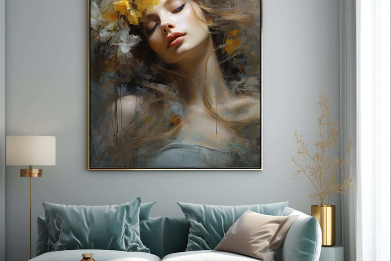 Beauty Woman Portrait，Hand Painted Colorful Decorative Canvas Artwork，Moody Wall Decor，Cotton Gloss Canvas Living Room Decor，High-Quality Waterproof Decorative Canvas Art