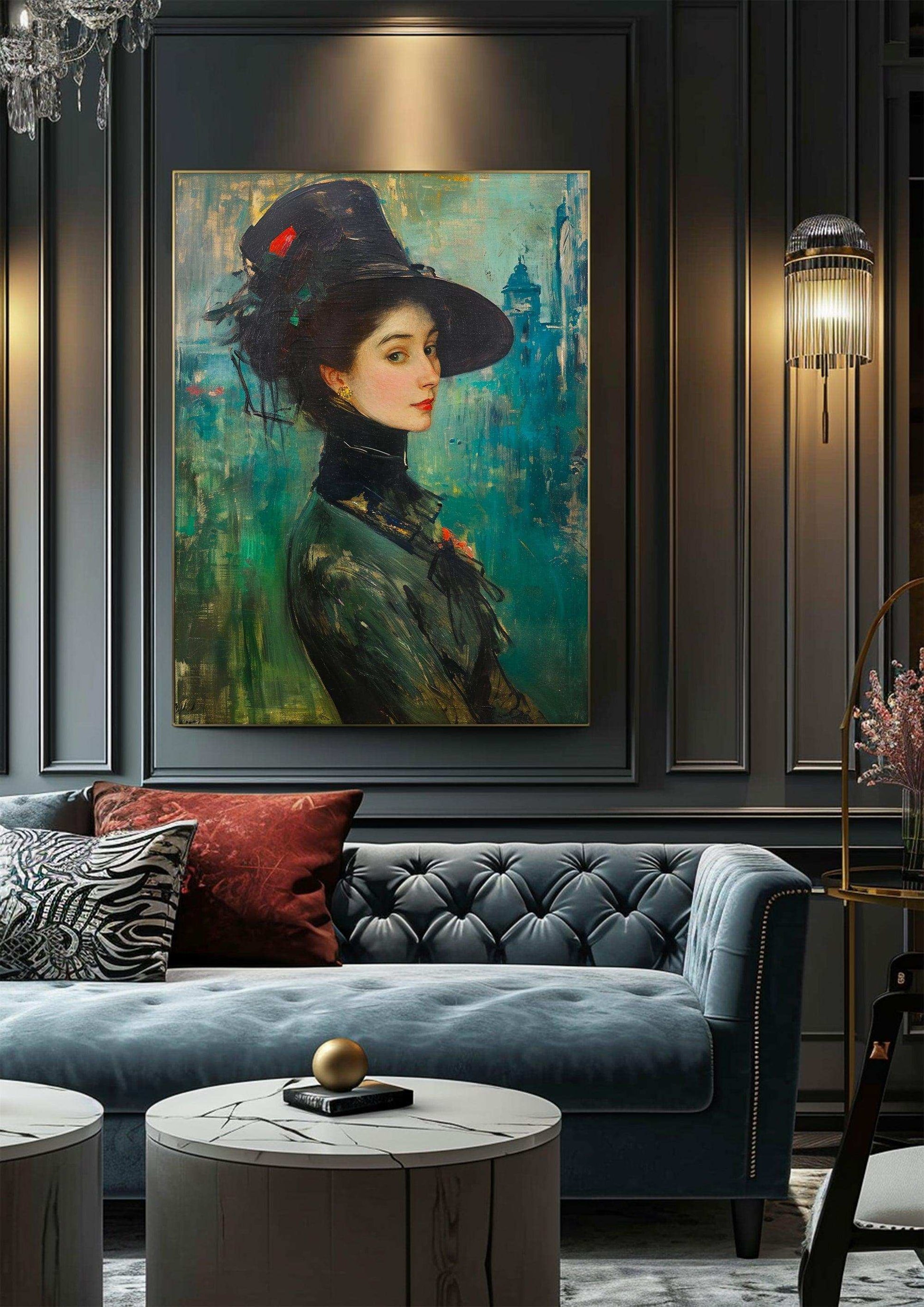 Woman Protrait，Hand Painted Colorful Decorative Canvas Artwork，Moody Wall Decor，Cotton Gloss Canvas Living Room Decor，High-Quality Waterproof Decorative Canvas Art