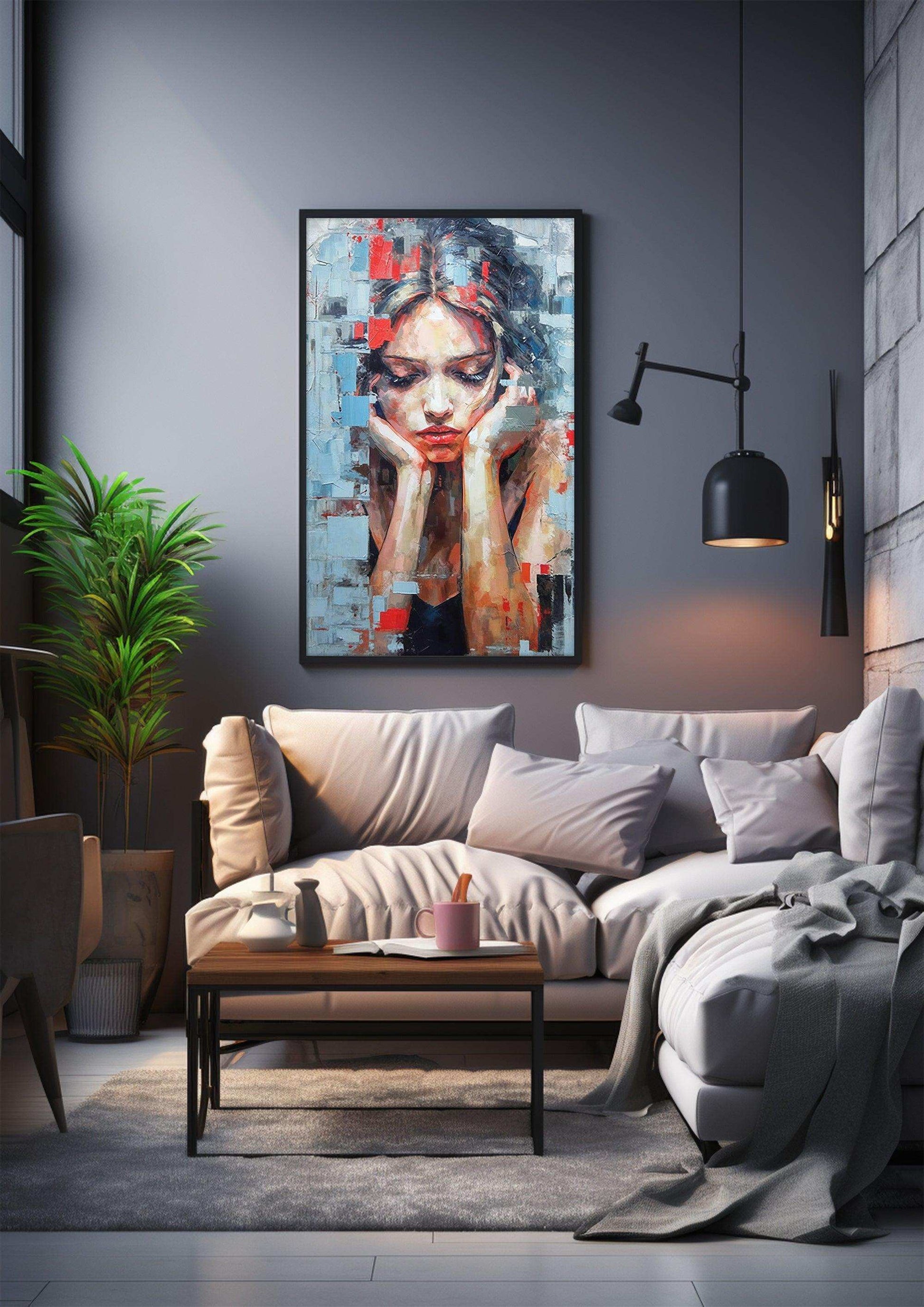 Woman Portrait，Hand Painted Colorful Decorative Canvas Artwork，Moody Wall Decor，Cotton Gloss Canvas Living Room Decor，High-Quality Waterproof Decorative Canvas Art