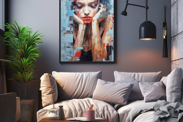 Woman Portrait，Hand Painted Colorful Decorative Canvas Artwork，Moody Wall Decor，Cotton Gloss Canvas Living Room Decor，High-Quality Waterproof Decorative Canvas Art