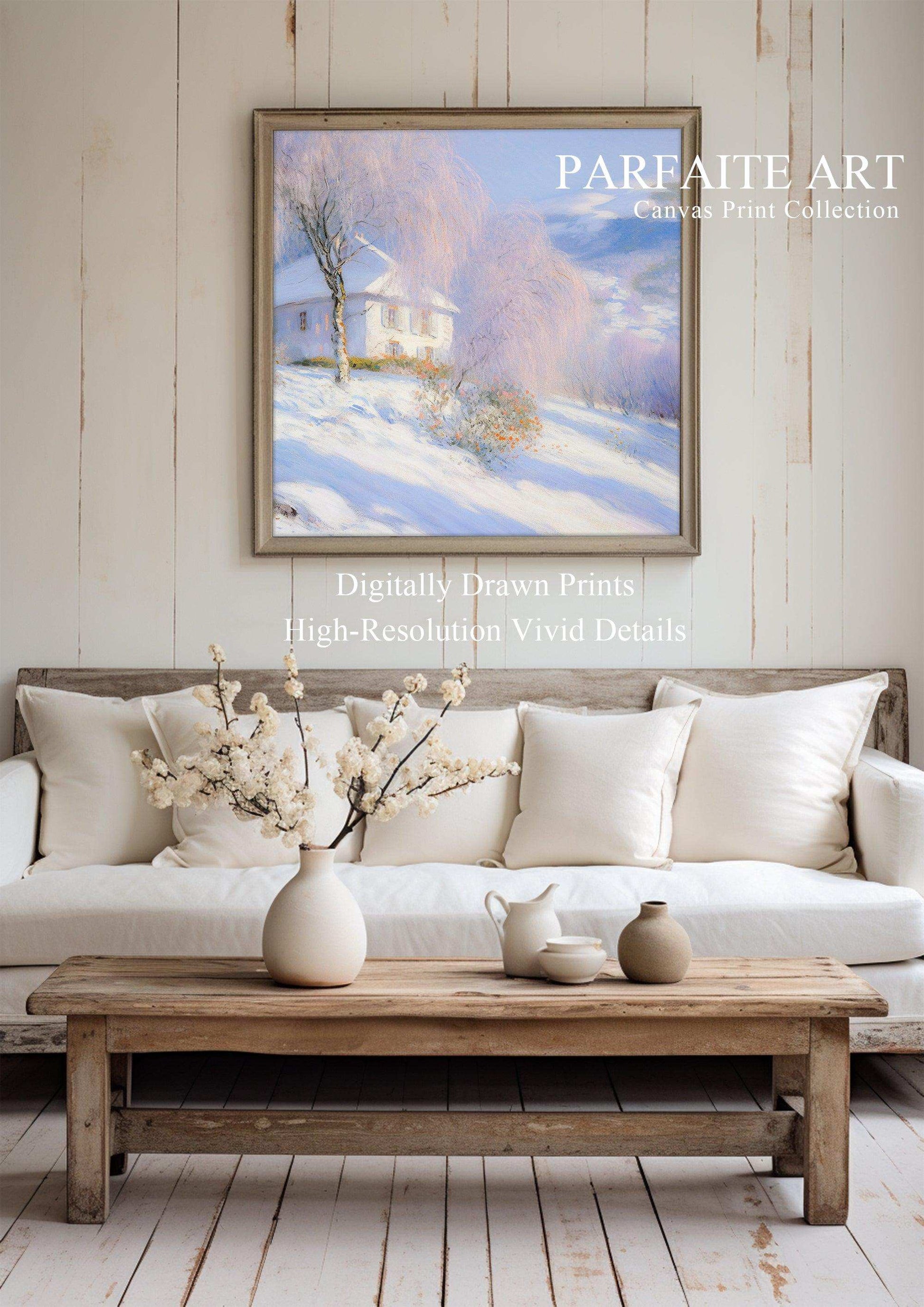 Impressionist Landscape，Hand Painted Colorful Decorative Canvas Artwork，Moody Wall Decor，Cotton Gloss Canvas Living Room Decor，Snow Scene，High-Quality Waterproof Decorative Canvas Art