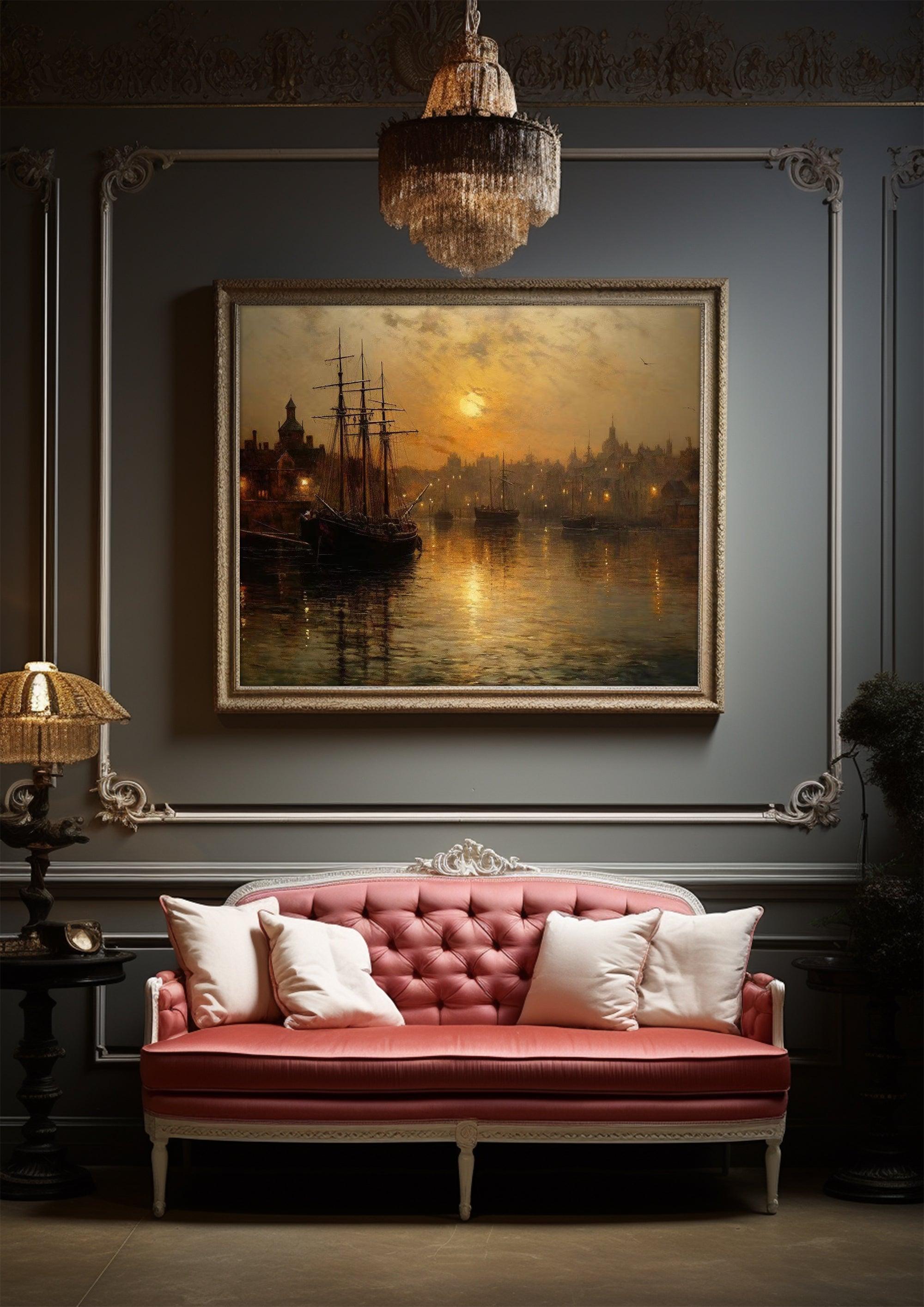 Harbor Sunset Landscape| Vintage Wall Art Decor|Decorative painting| Wall Art Canvas Print |Living Room, Dining Room|PRINTABLE Art |Digital Download