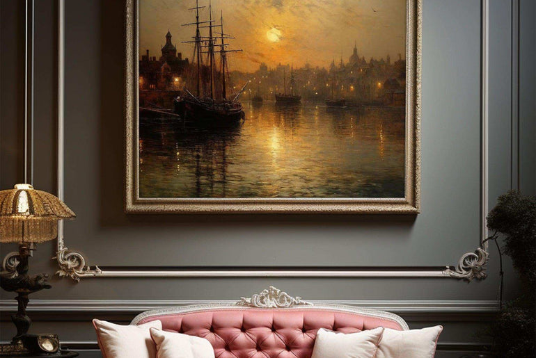 Harbor Sunset Landscape| Vintage Wall Art Decor|Decorative painting| Wall Art Canvas Print |Living Room, Dining Room|PRINTABLE Art |Digital Download