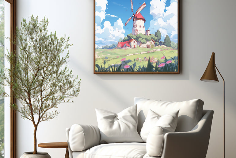 Cartoon Style Windmill Painting, Landscape | Wall Art Decor |Wall Art Print |Kids Wall Art，Comic Book Art，Art Deco Wall Gifts|Bedroom,kids' room|PRINTABLE Art |Digital Download