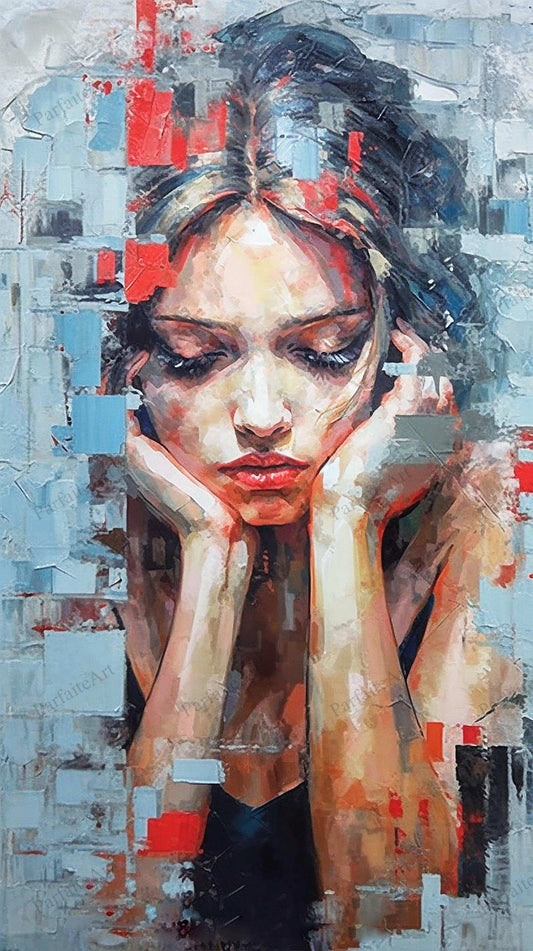 Woman Portrait，Hand Painted Colorful Decorative Canvas Artwork，Moody Wall Decor，Cotton Gloss Canvas Living Room Decor，High-Quality Waterproof Decorative Canvas Art