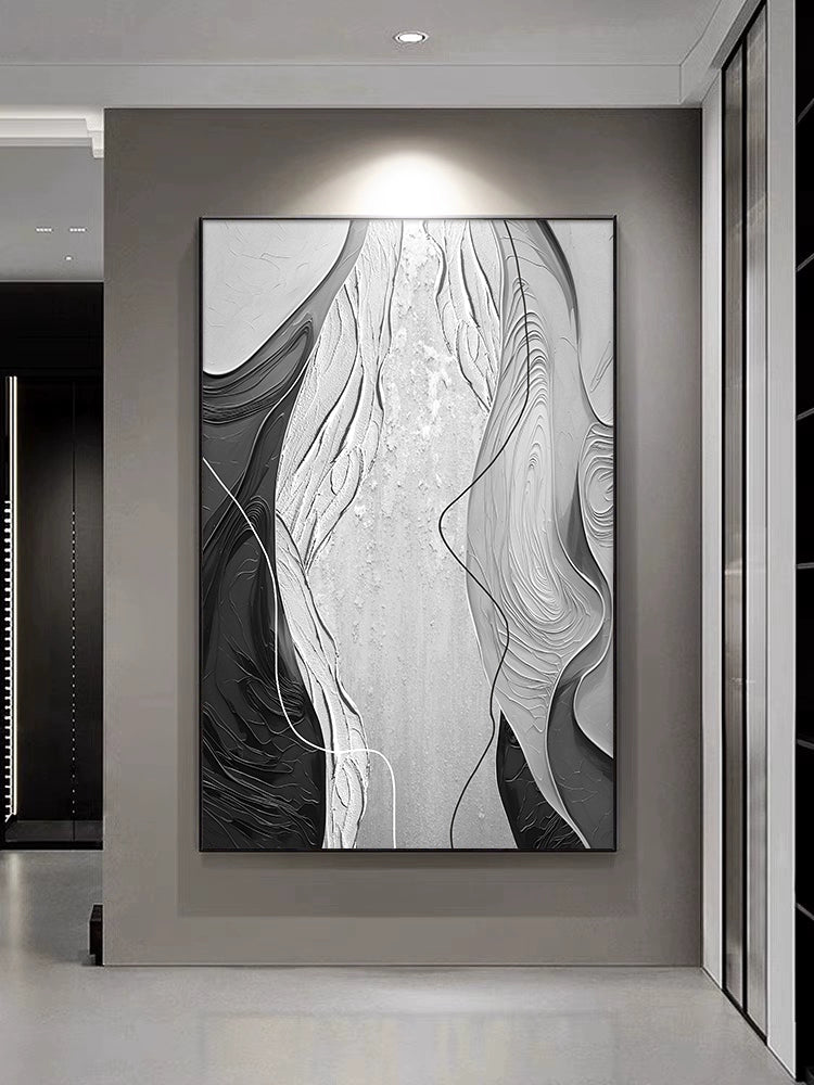 Dafen Village pure hand-painted oil painting black and white gray abstract entrance decorative painting high-end simple sofa background wall hanging painting