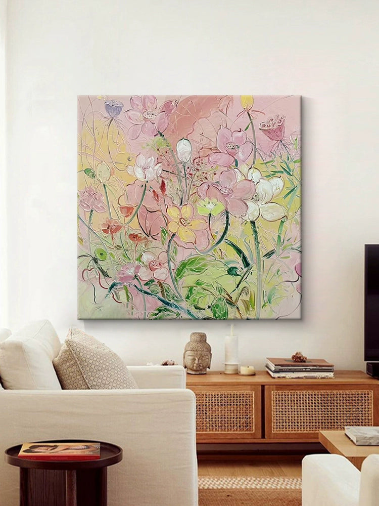 Colorful Flower Hand-painted Oil Painting Bedroom Niche Art Square Lotus Decoration Living Room Texture Wall Art Abstract Wall Art