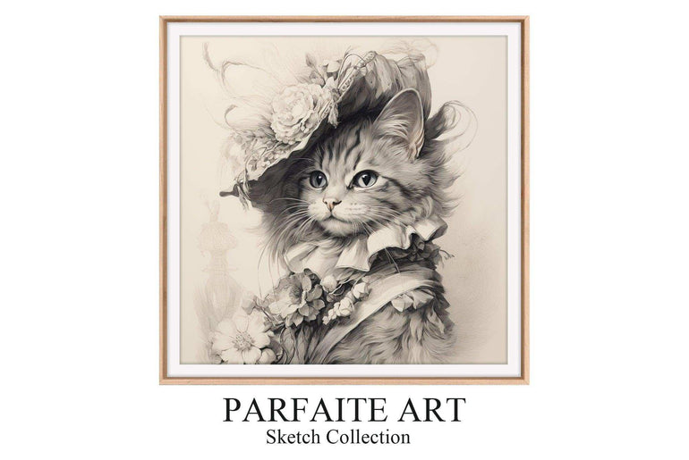 Regal Feline Grace - Classical Cat Portrait - Vintage Sketch Art Deco Wall Print - Digital Download