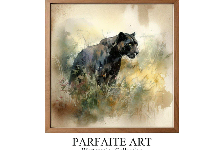 A Black Panther Prowl - Vintage Watercolor Wall Art Print - Handcrafted Home Decor with Digital Download Option