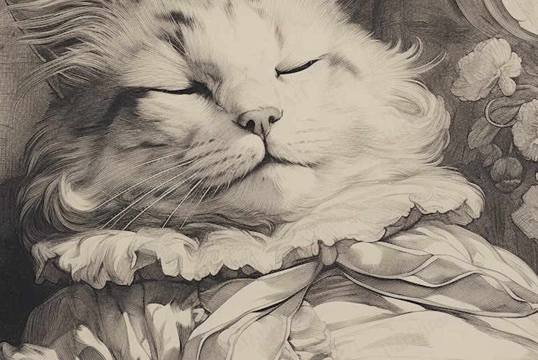 Tranquil Slumber - Vintage Cat Sketch - Serene Feline Wall Art Print - Art Deco-Inspired Digital Download